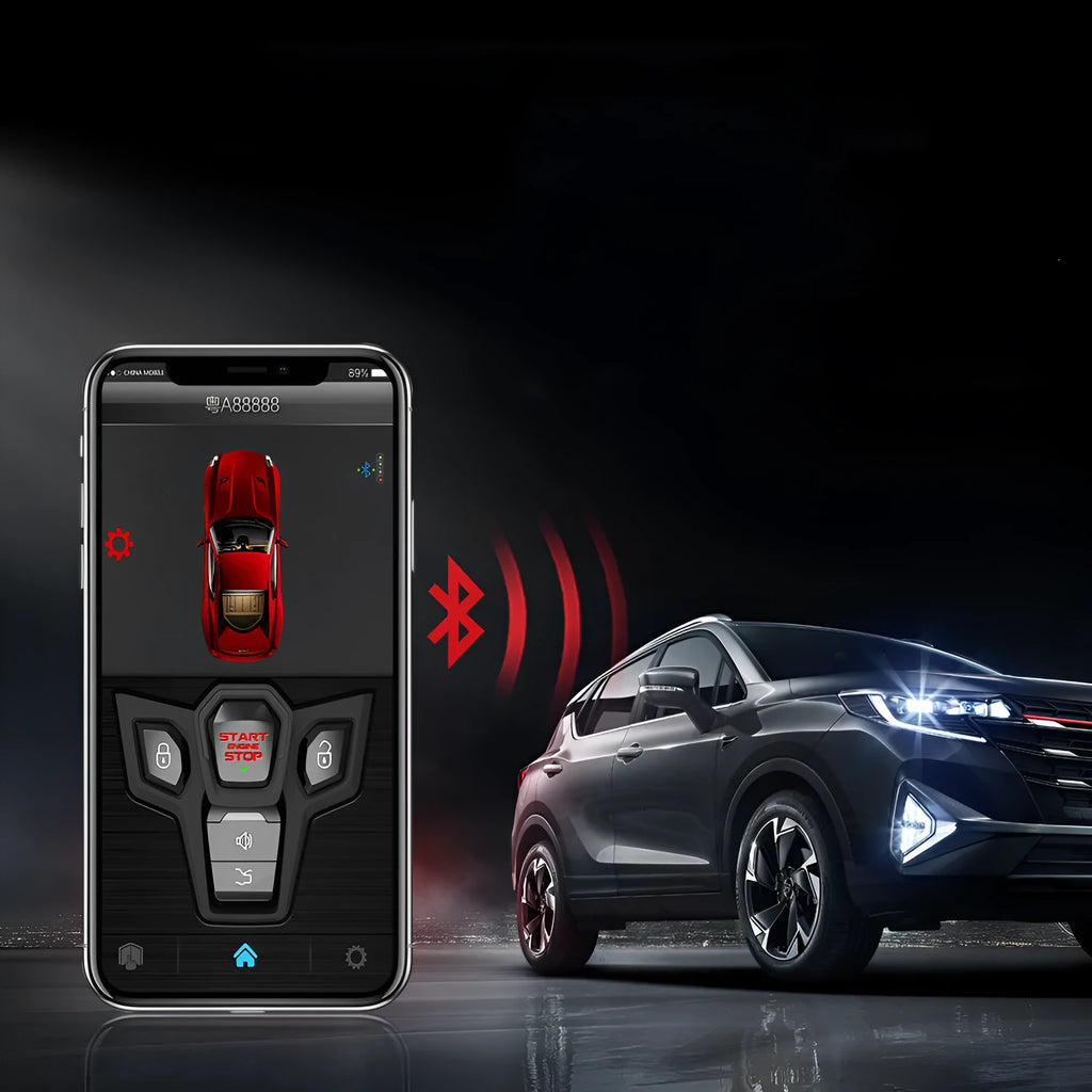 One-way car alarm system with remote controls showing red and frosted black colour scheme