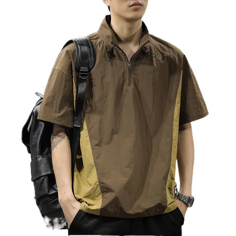 Men's brown half zip stand collar shirt with short sleeves and loose fit