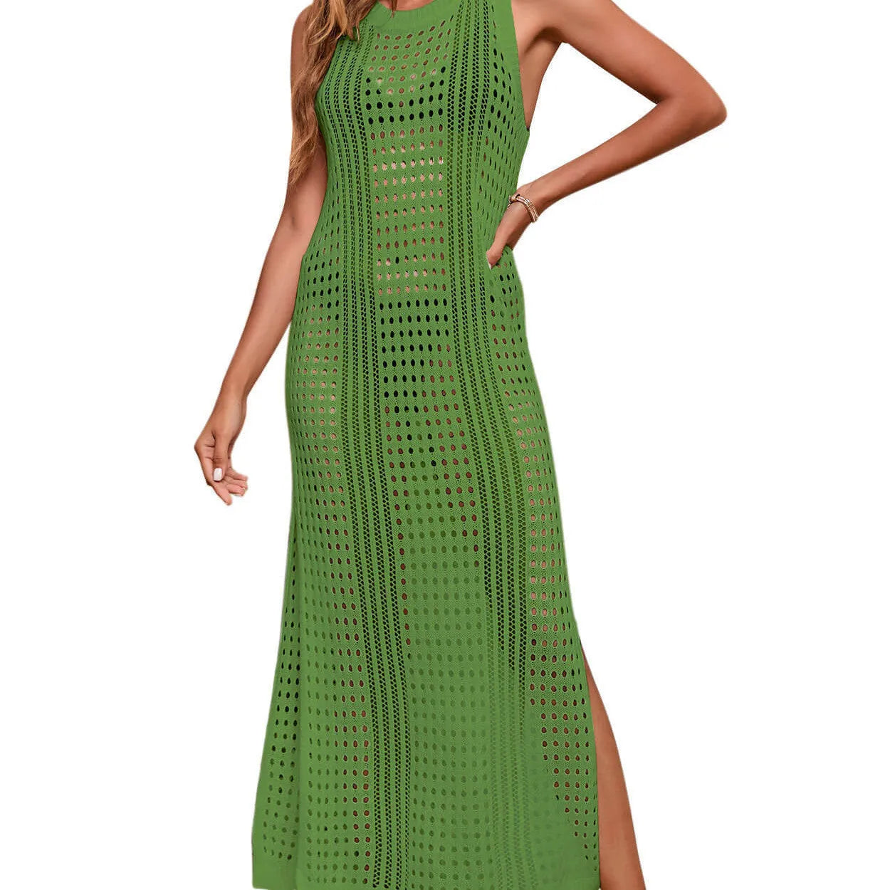 Women's long loose beach knitted blouse hollow-out top in green colour