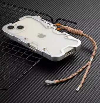 Robot Arm metal frame phone case for iPhone 13 Pro Max in silver with tempered film included