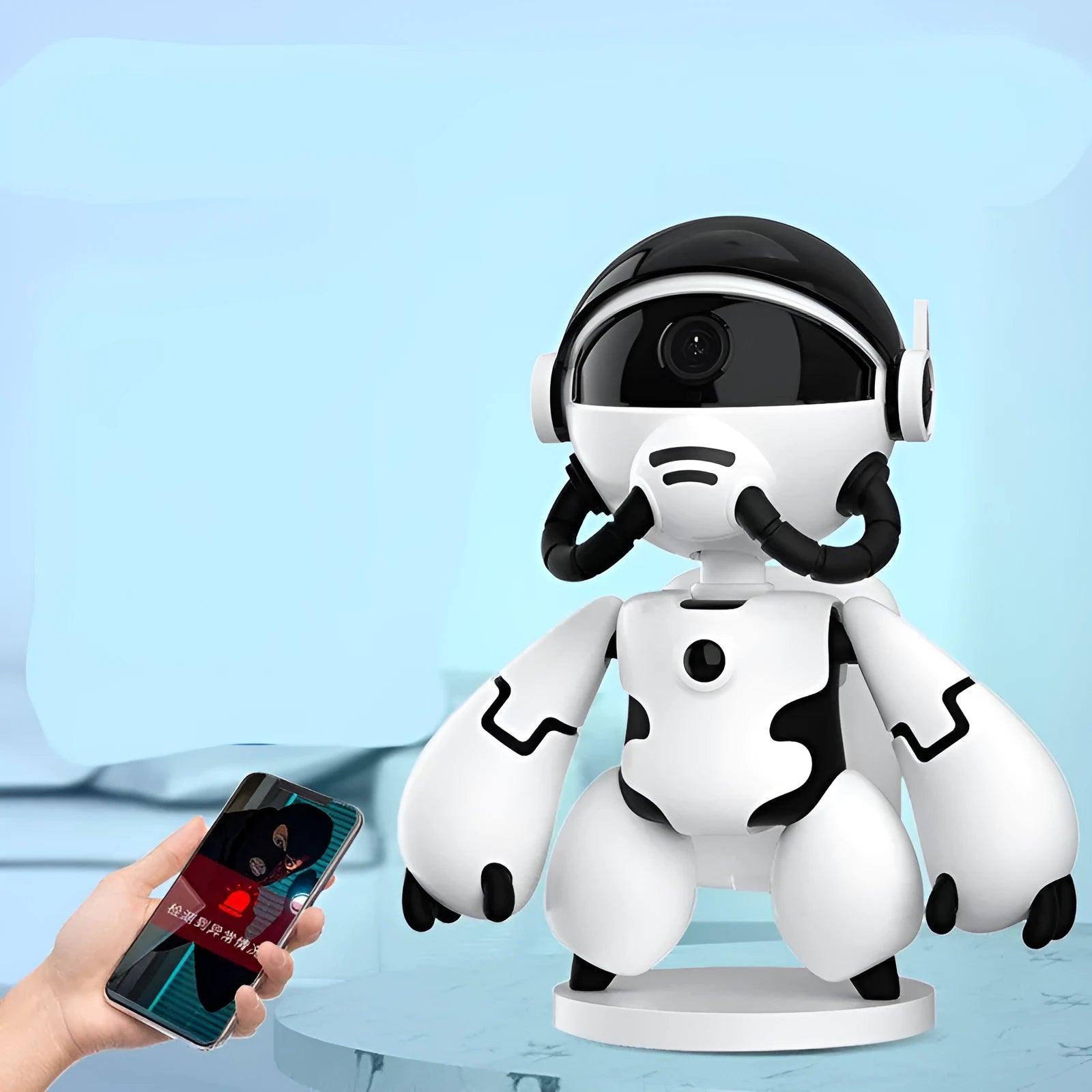 White wireless security camera on a stand, showing lens and compact design for home monitoring.