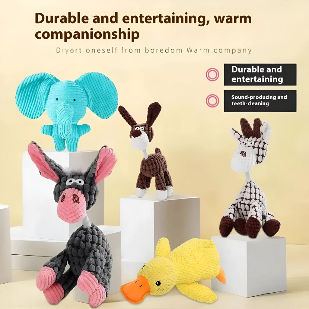 Plush pet chew toy in donkey design with pink grey colour for puppy bite relief