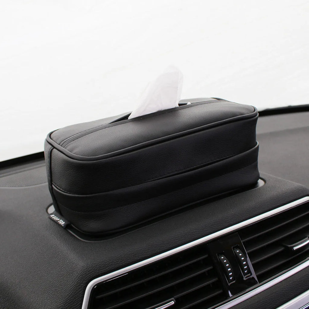 Black PU leather hanging storage bag with zip for car and home organisation