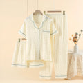 Women's cotton three-piece pajama set in garden gold colour with lapel top and three-quarter sleeves.