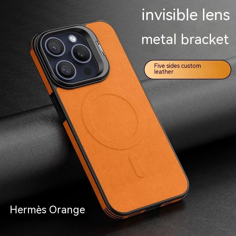 Leather invisible bracket magnetic phone case for iPhone 15, satin black, all-inclusive drop-resistant design
