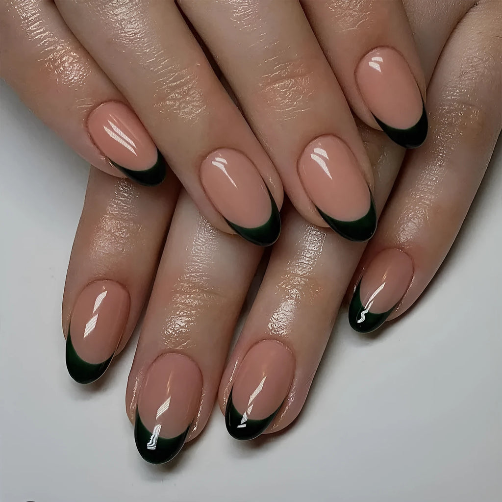 Simple black French style almond shape press-on nails 24-piece set J049
