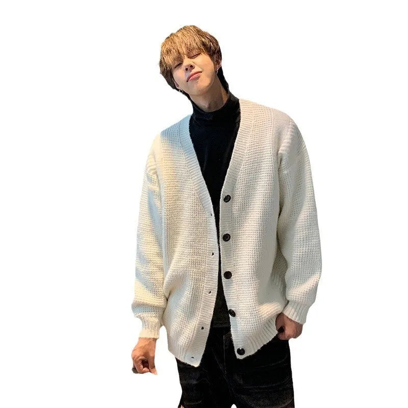 Men's V-neck cotton blend cardigan sweater in army green colour, loose fit casual style