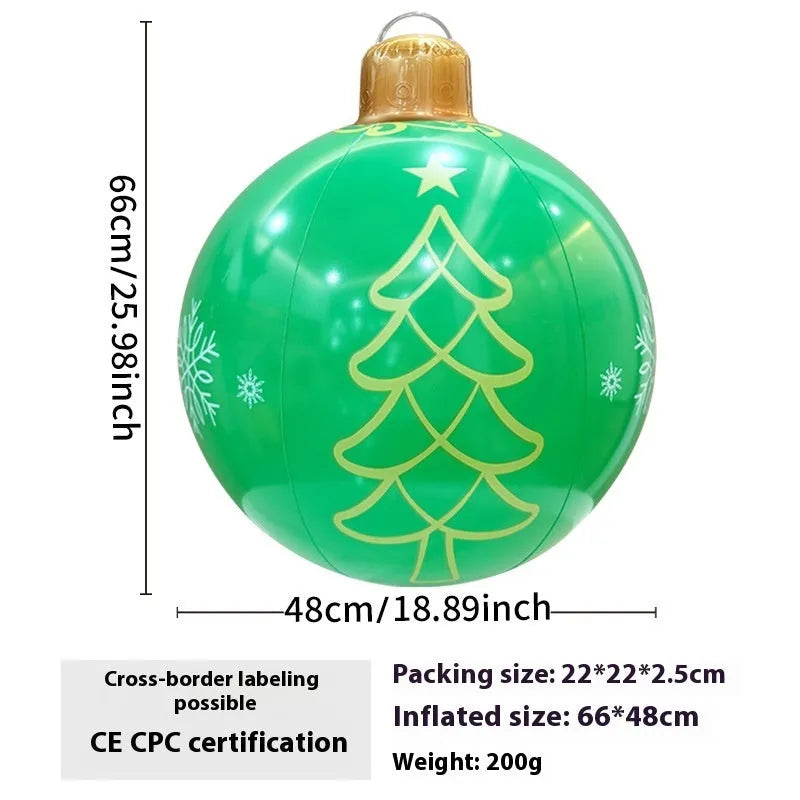 Large red inflatable Christmas ball with flash lights, shown with manual pump, for garden decoration.