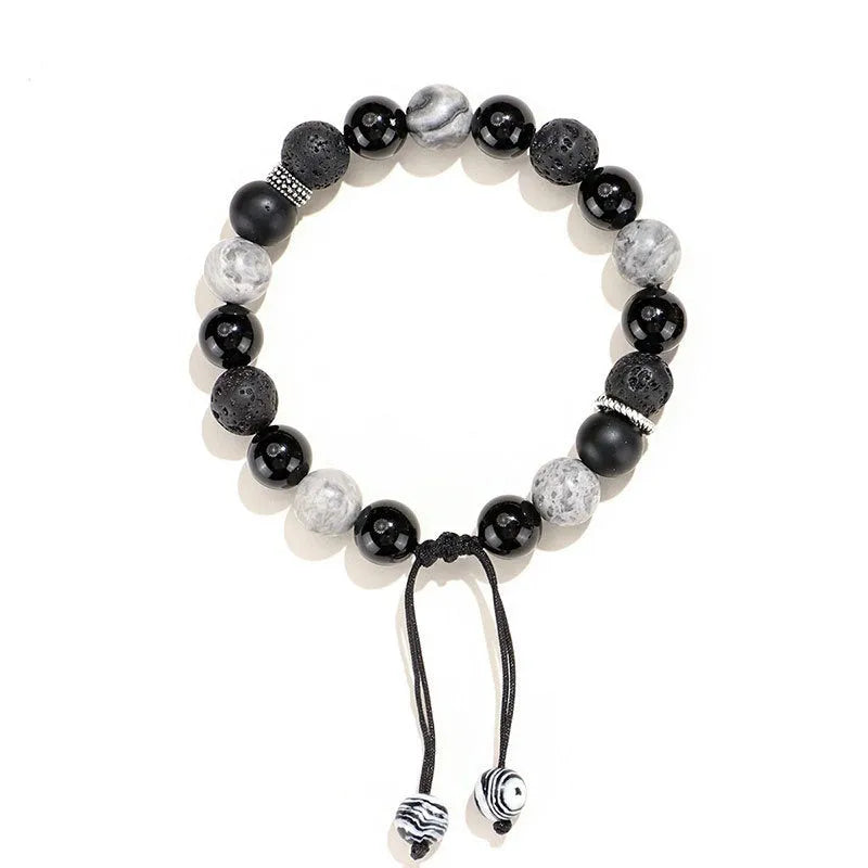 Diamond-shaped black agate map stone volcanic rock bracelet in New Chinese style.