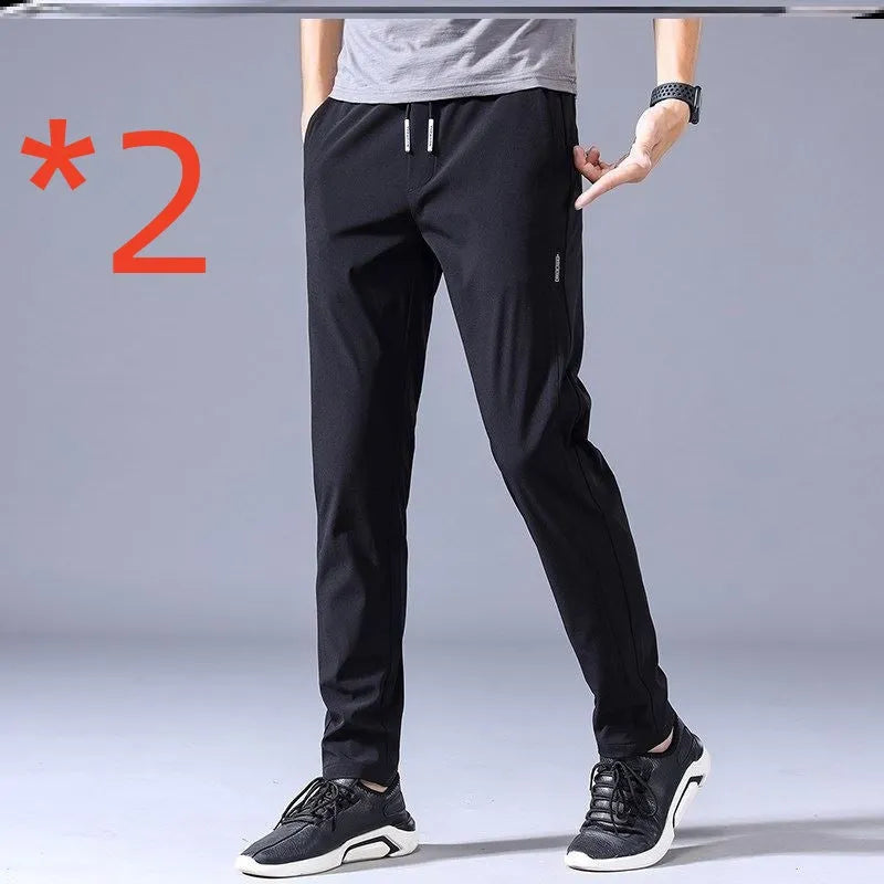 Men's Khaki drawstring trousers with loose straight leg and elastic waist, Korean casual style