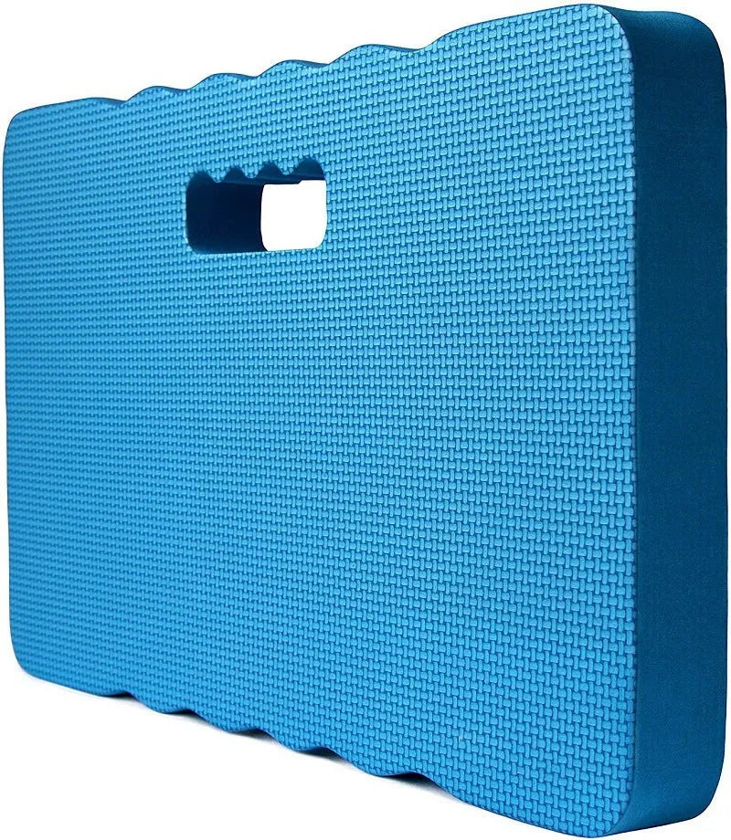 Blue EVA foam garden kneeler pad on grass, showing dimensions for outdoor kneeling.