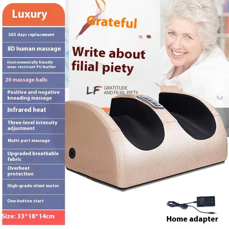 Automatic electric foot massager machine in gold colour with remote control on a wooden floor