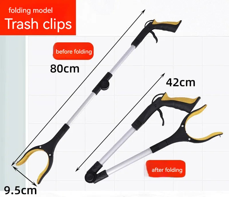 Foldable aluminium rubbish pick-up claw with blue handle, shown extended and with magnet sucker.