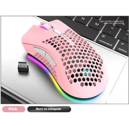 BM600 wireless optical computer mouse with hollow-out luminous shell in cyan, black, or white.