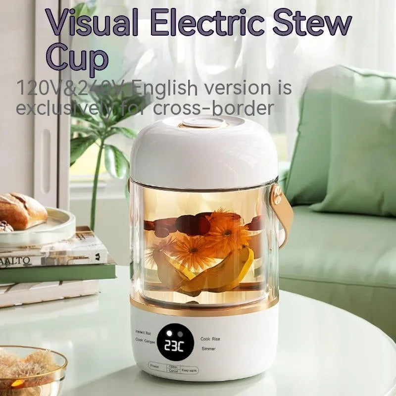 Personal portable electric stew cooker with transparent glass pot and fibreglass body on a counter.