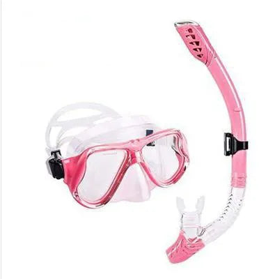 Anti-fog diving mask with PC frame and silicone strap in black, blue, pink or yellow, shown with a test tube.