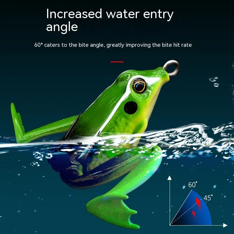 Bionic frog fishing lure with snake head design and double hooks in grass green colour