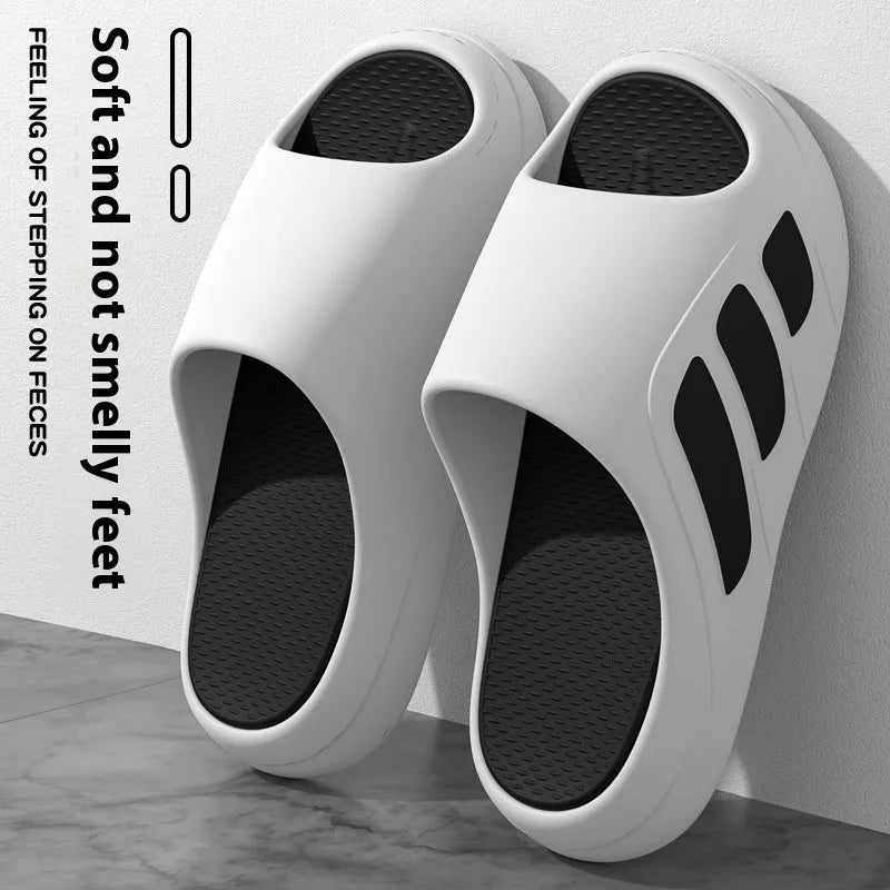 EVA platform slippers with injection moulded sole and letter design in two-tone colour options