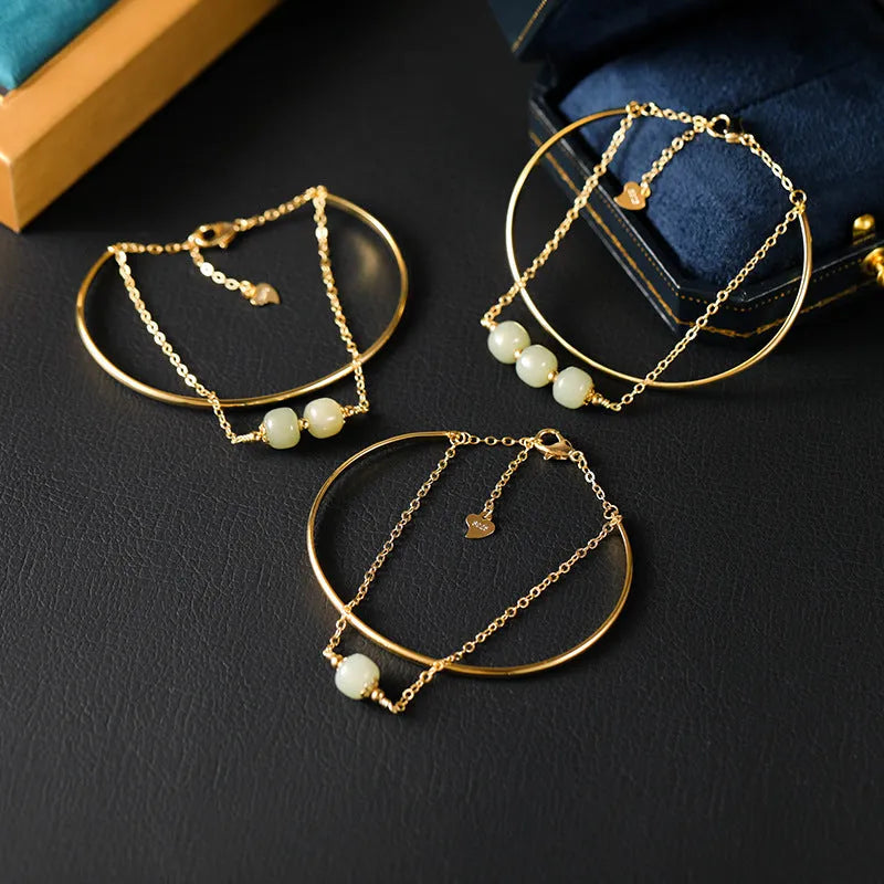 Women's jade lucky beads bracelet with gold inlay decoration in single, double and three beads versions