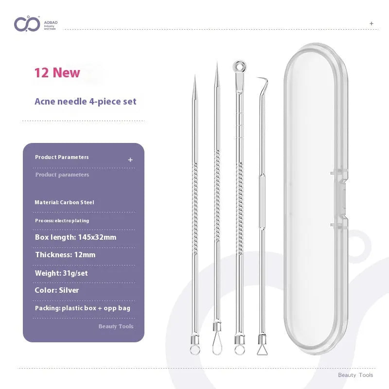 Four silver metal acne needles with ultra-fine pointed tips for skincare extraction.