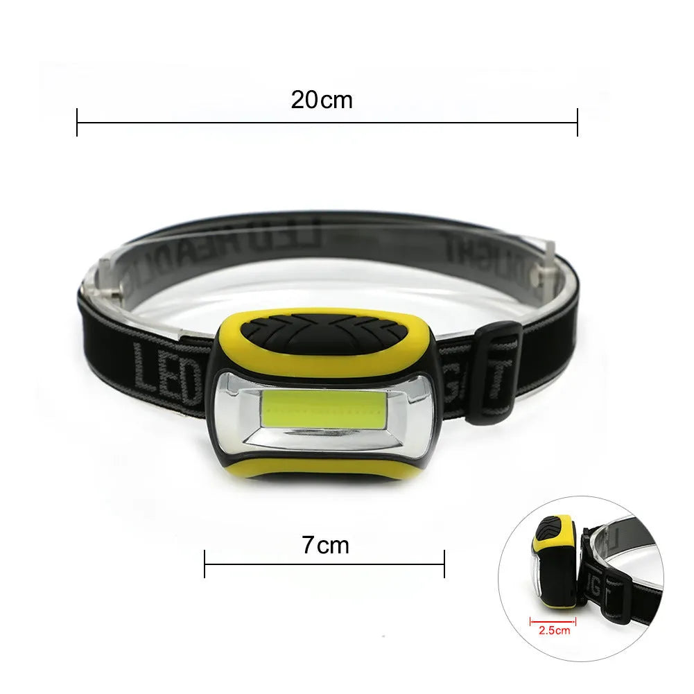 Yellow plastic three-speed COB LED headlamp for outdoor activities and work.
