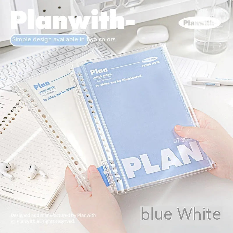 A5 blue and white PVC spiral notebook organiser with can store for loose papers