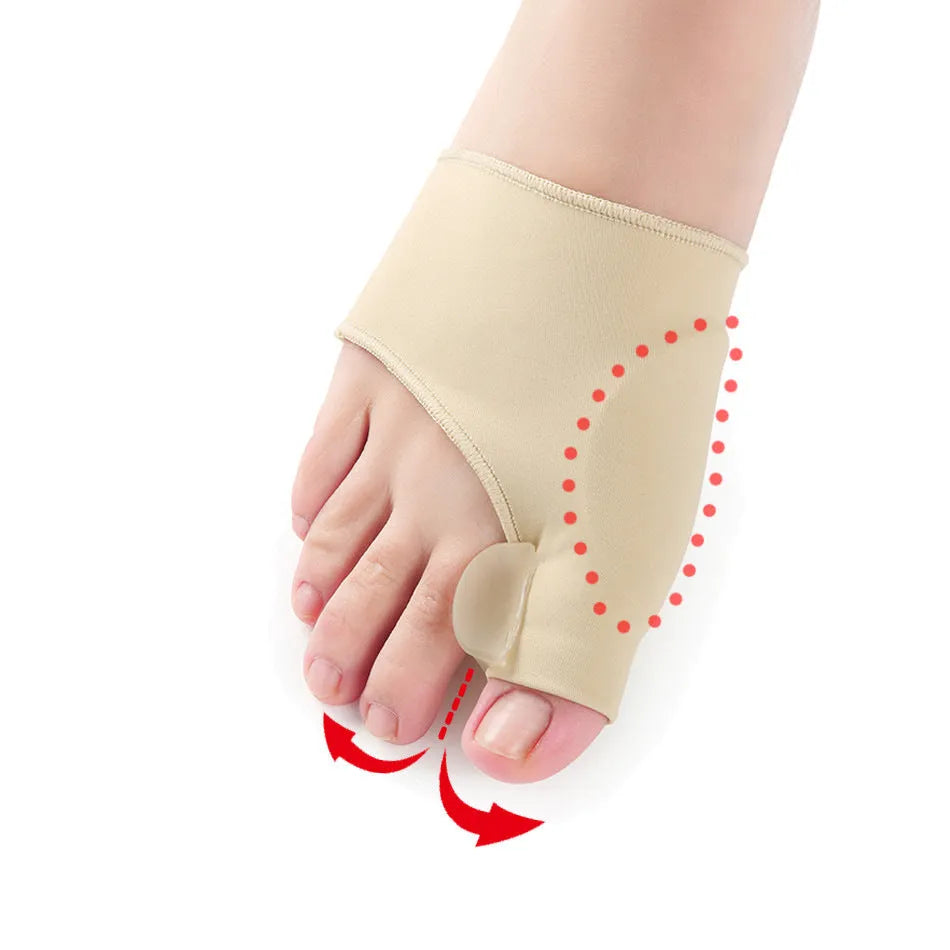 Corrective bunion sock with silicone gel toe separator shown in sizes S, M, and L on a foot diagram.