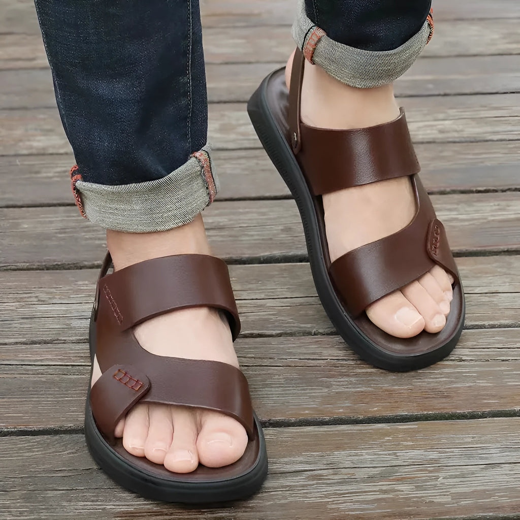 Men's waterproof plastic beach sandals in brown and black colours showing casual design