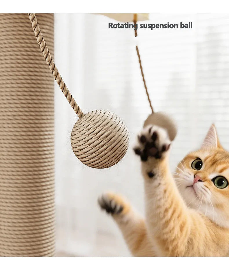 Windmill design cat climbing frame with scratch-resistant hanging ball made from pine wood and carpet leather