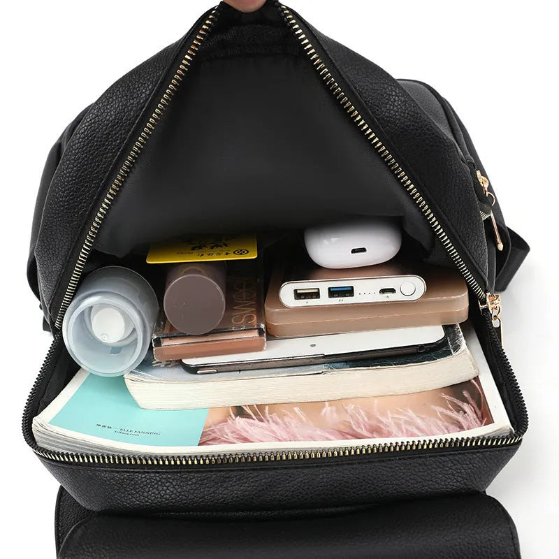 Women's casual PU leather backpack in street style with three-dimensional pockets and advanced texture