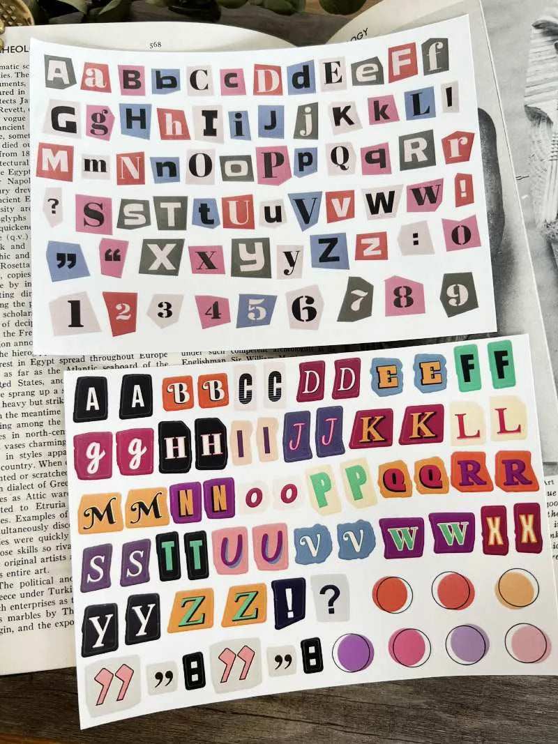 English letters and numbers symbol label sticker sheets with colour printing showing alphabet sets and weekly words