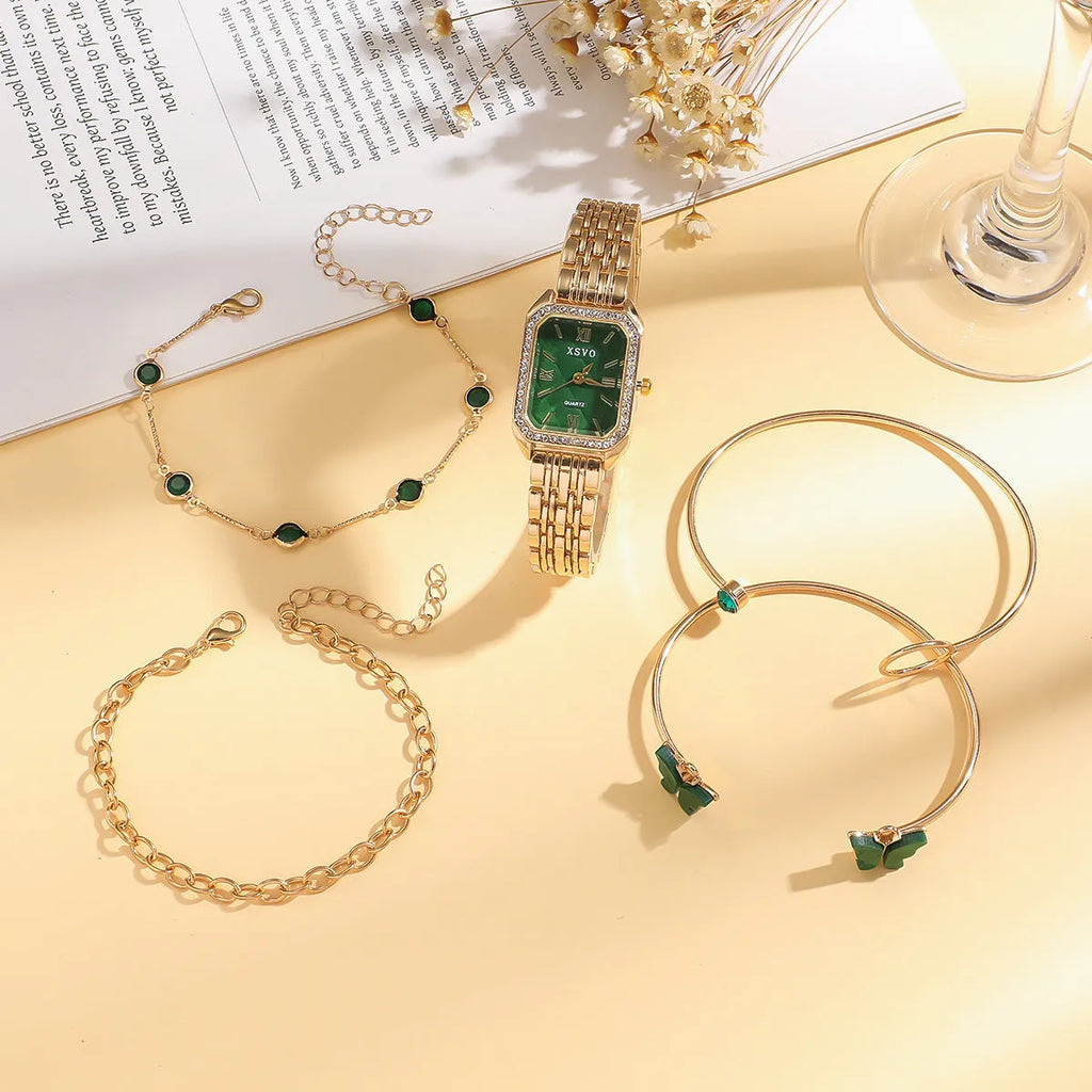 Gold green square ladies watch with four matching alloy bracelets in jewellery gift set