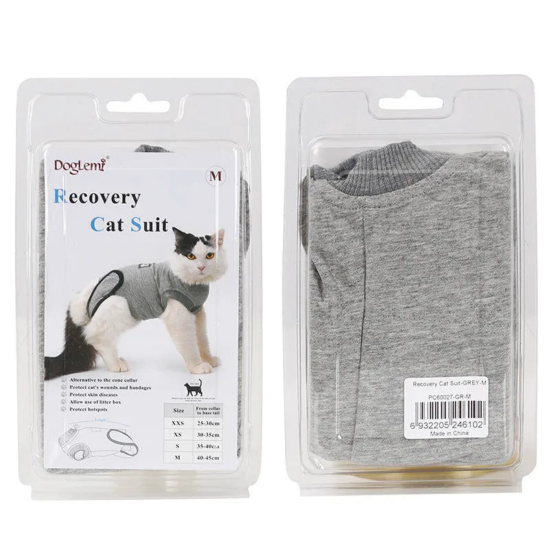 Pet cat recovery suit after surgery made of pure cotton in a neutral colour for wound protection
