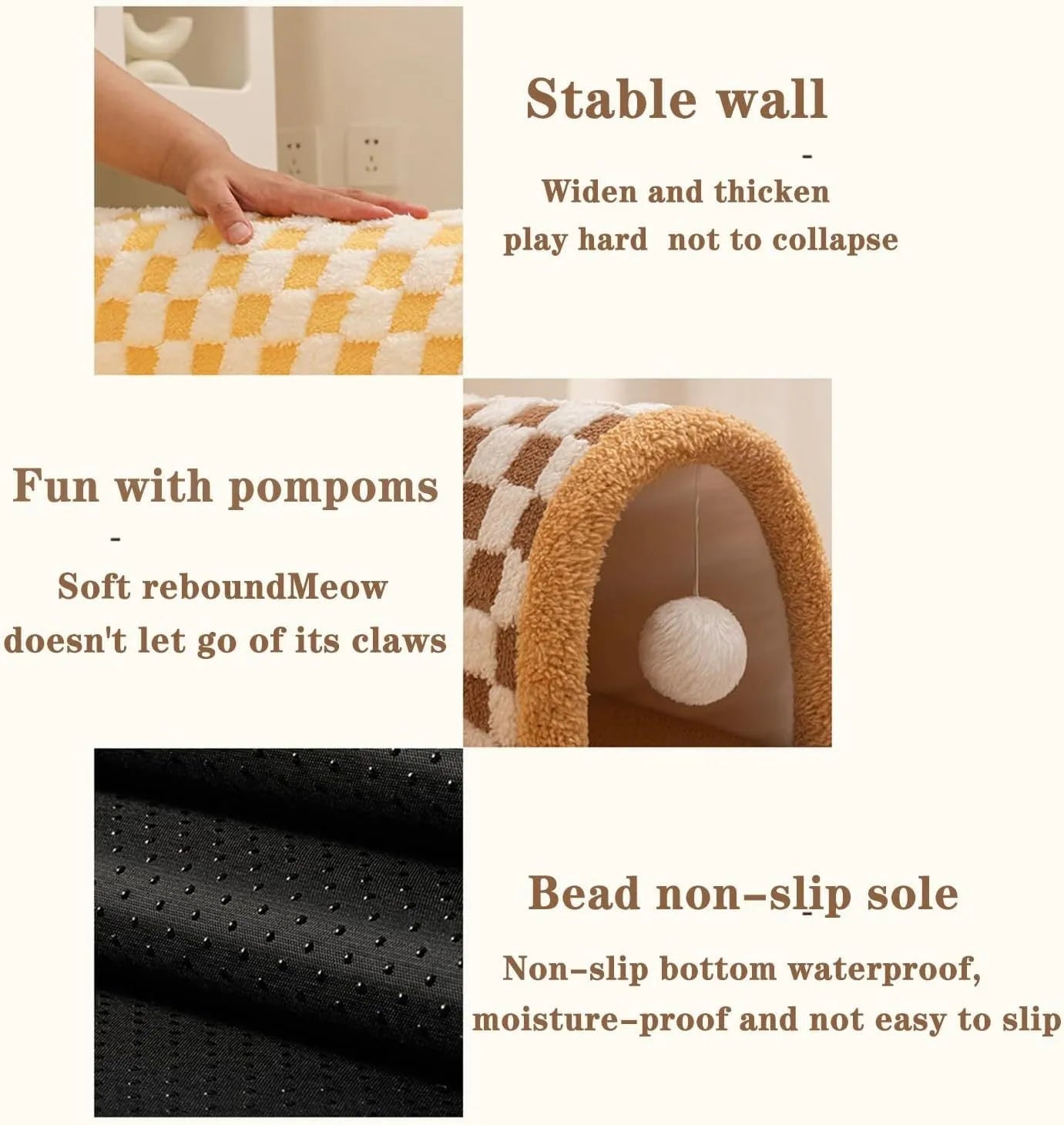 Plush plaid cat tunnel bed with central mat in brown colour, showing collapsible tunnel and non-slip bottom