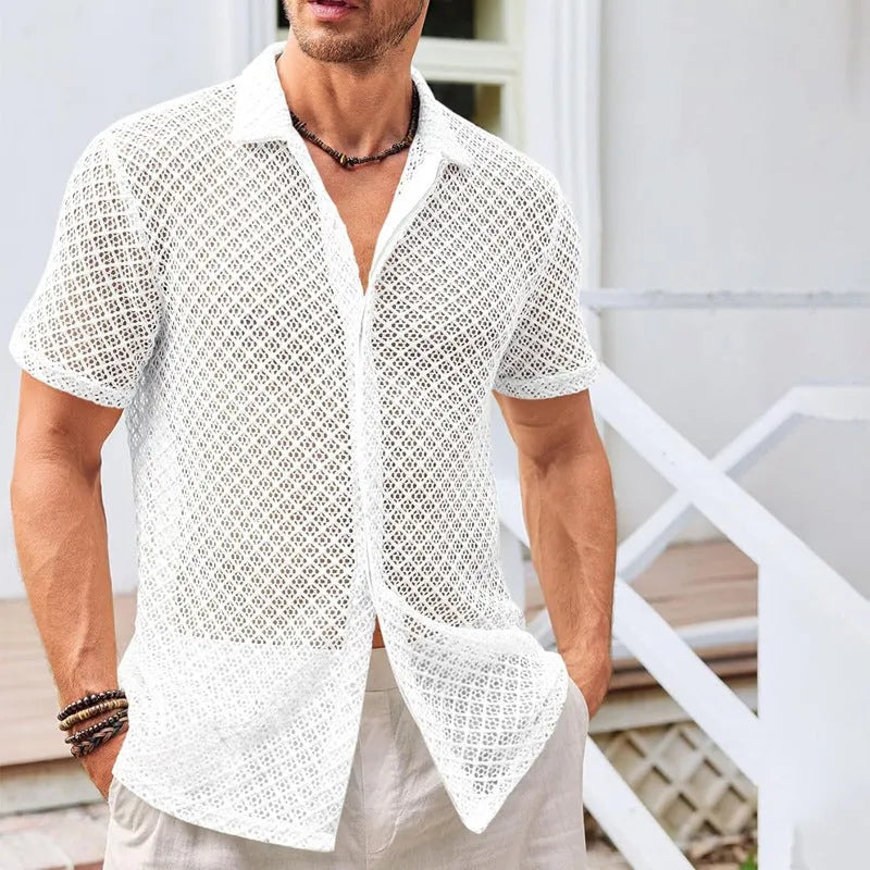 Men's short sleeve lapel shirt in cotton blend fabric with mesh summer styling