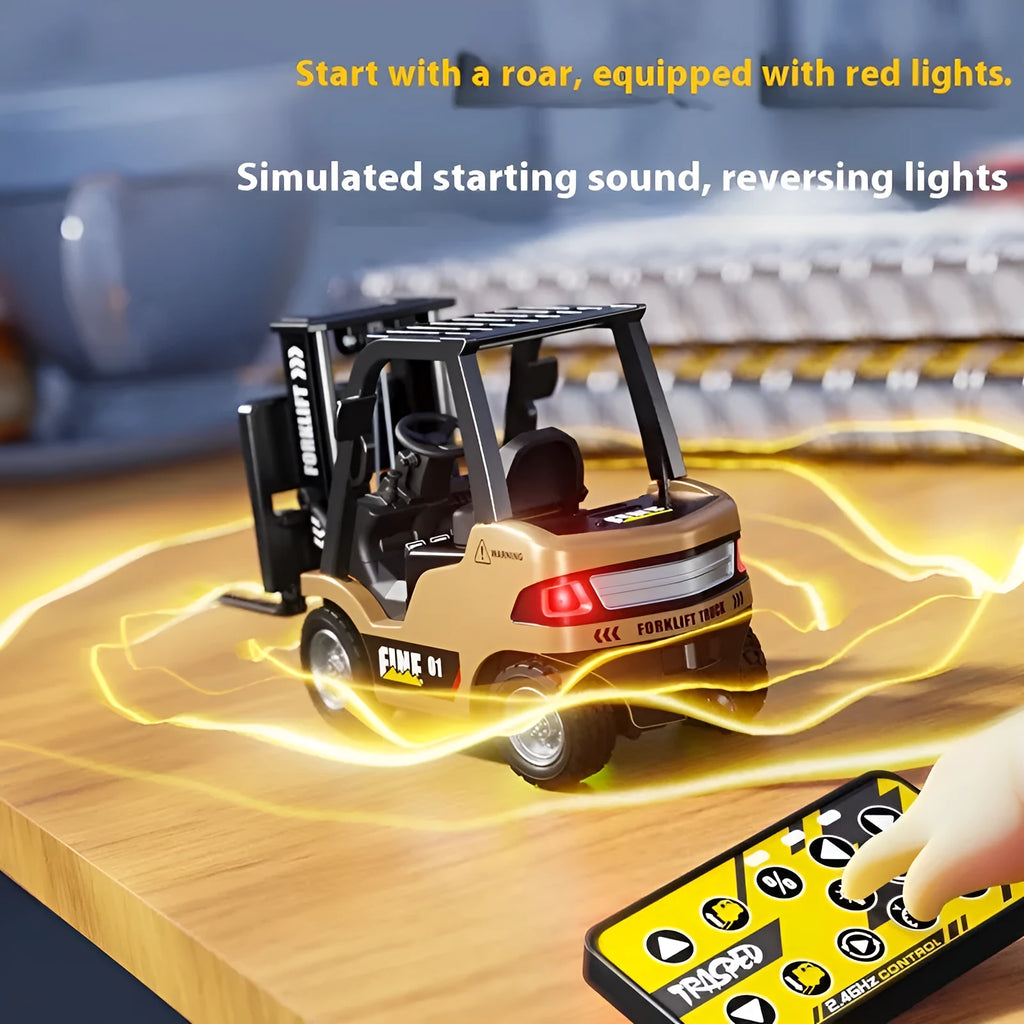 1:64 scale alloy remote control forklift with Bluetooth connectivity and obstacle course accessories