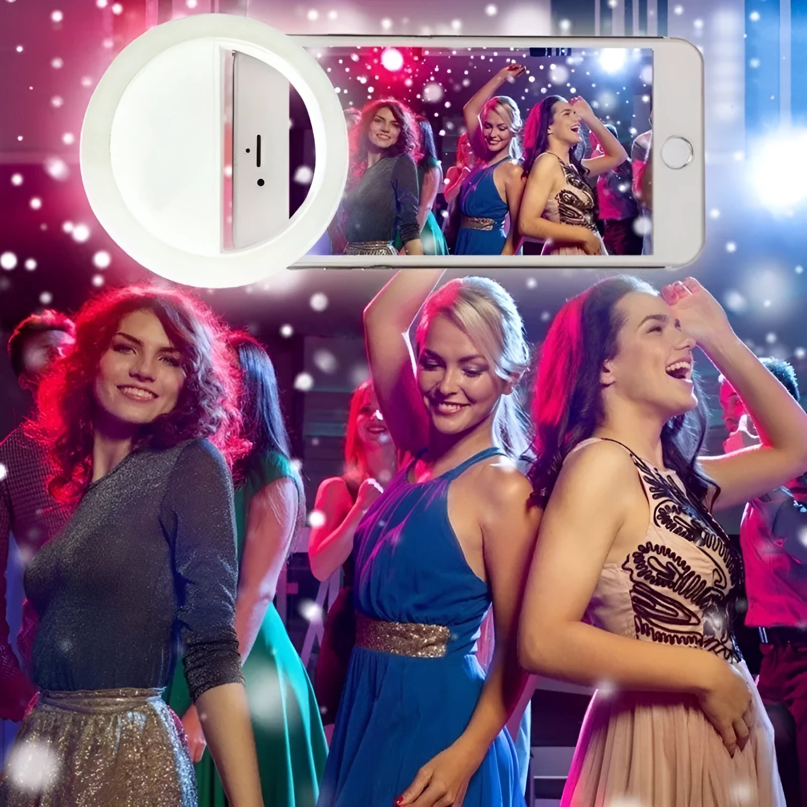 Green selfie ring light clip with LED bulbs attached to a mobile phone for photography.