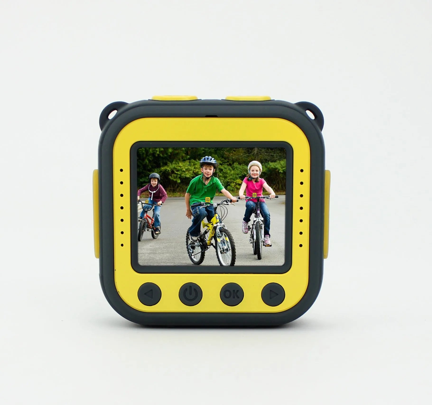 Yellow children's waterproof sports camera with compact design showing front view and control buttons