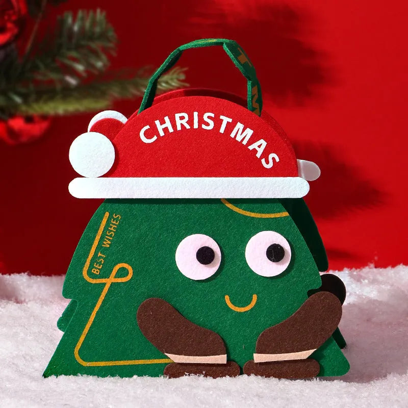 Green felt gift bag for Christmas gift wrapping with festive design