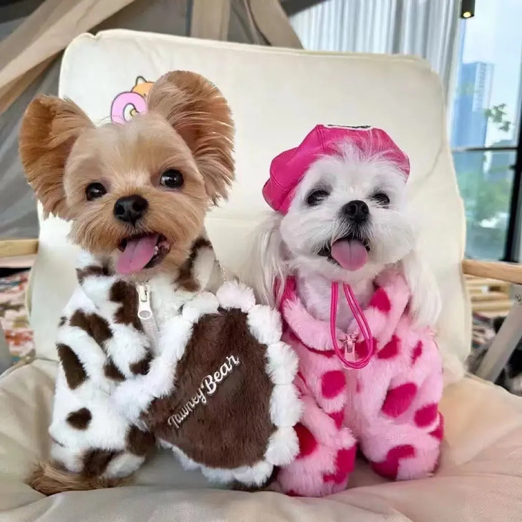 Small dog wearing pink polyester plush warm coat in British style design
