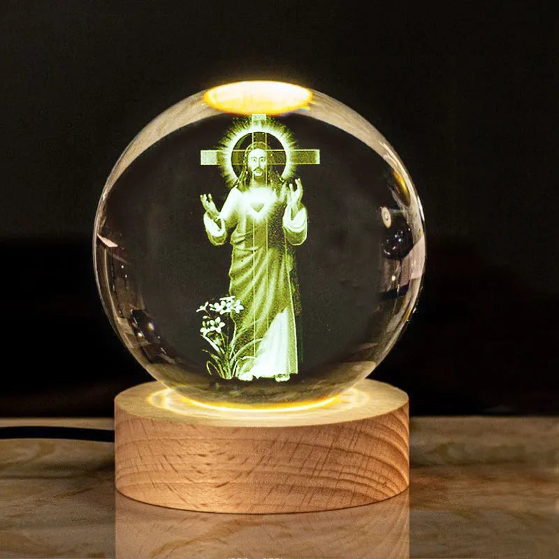 White crystal ball church desk ornament lamp with solid wood warm light base