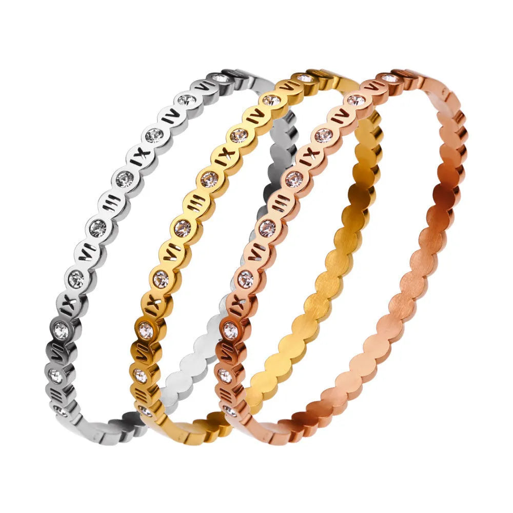 Korean style titanium steel bracelet with number charm in gold, rose gold or steel colour