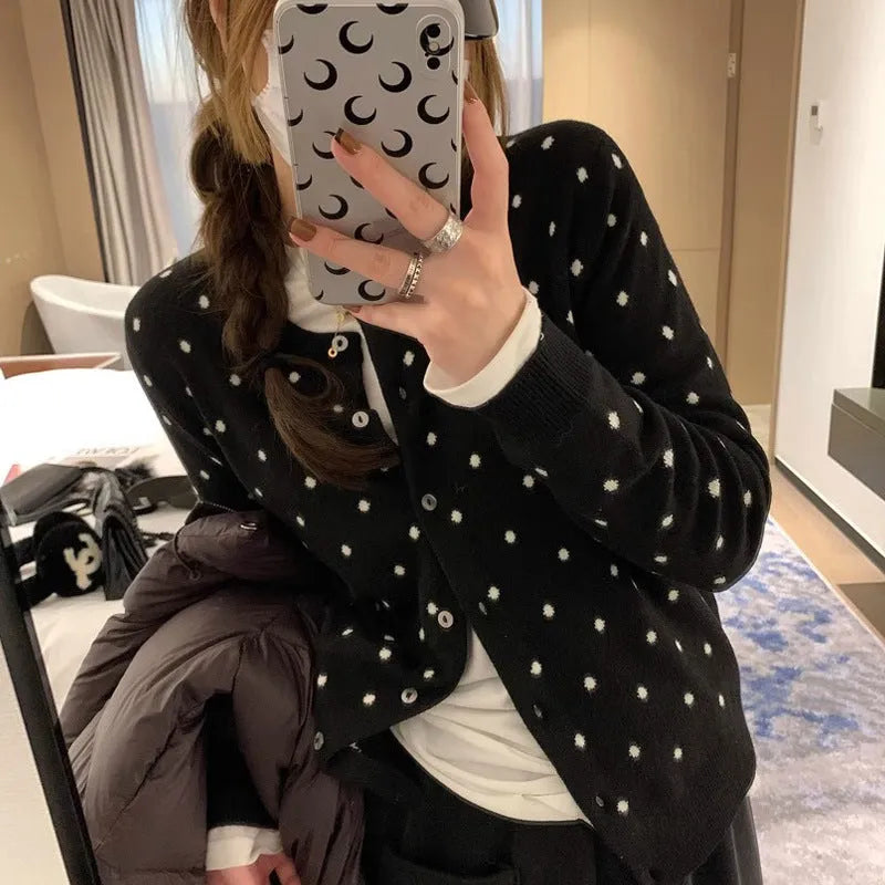 Women's gray dot pattern knitted cardigan with crocheted flowers, loose fit viscose fibre construction