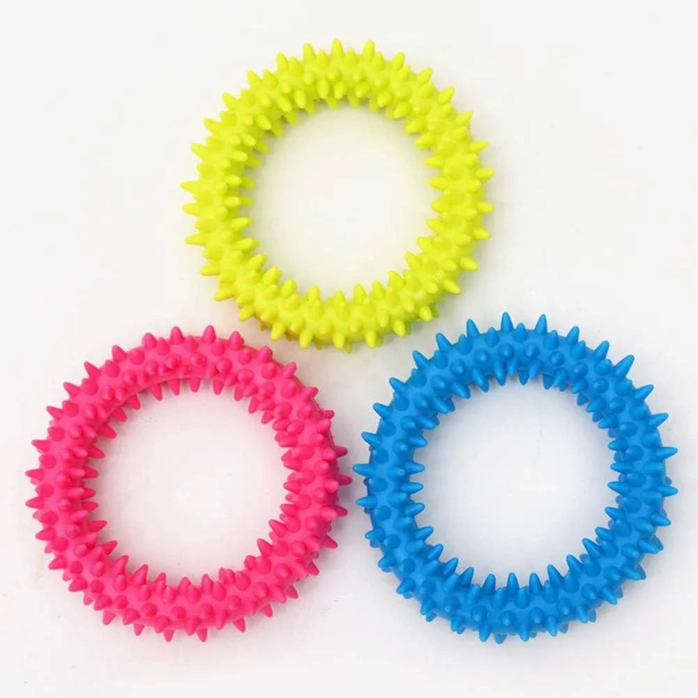 TPR spiky circle ring dog chew toy in selected colour, 9.5cm diameter