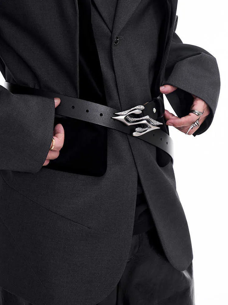 Black men's leather belt with two-layer cowhide construction and metal letter buckle, 110cm length