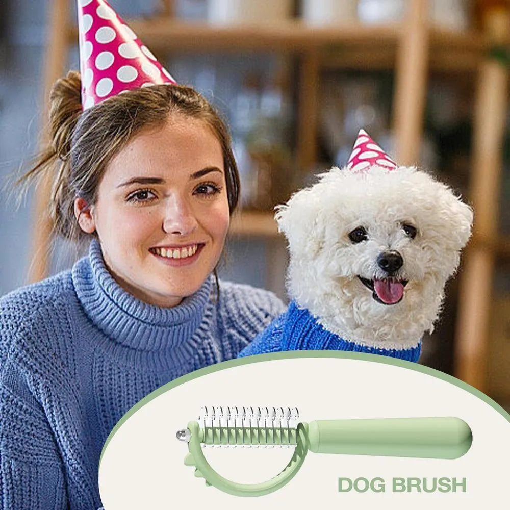 Blue dinosaur-shaped self-cleaning cat brush with double-sided slicker head.