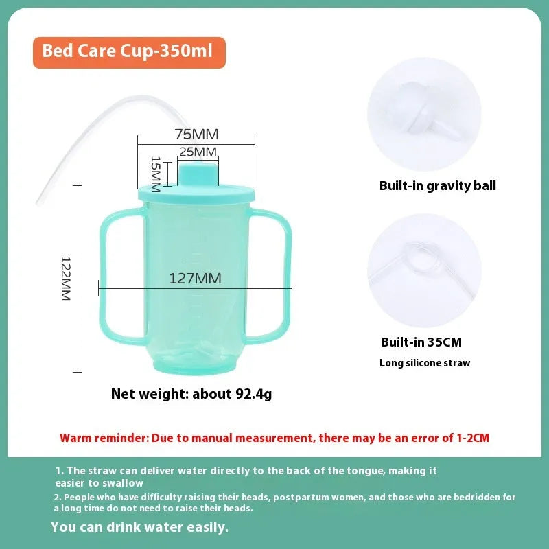 Oblique mouth choke proof cup with optional wrist splint for elderly bed drinking safety