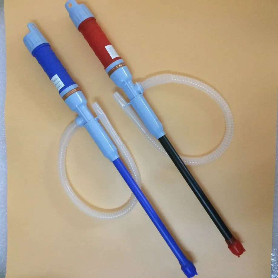 Manual hand pump siphon for fuel and liquid transfer in red or blue colour