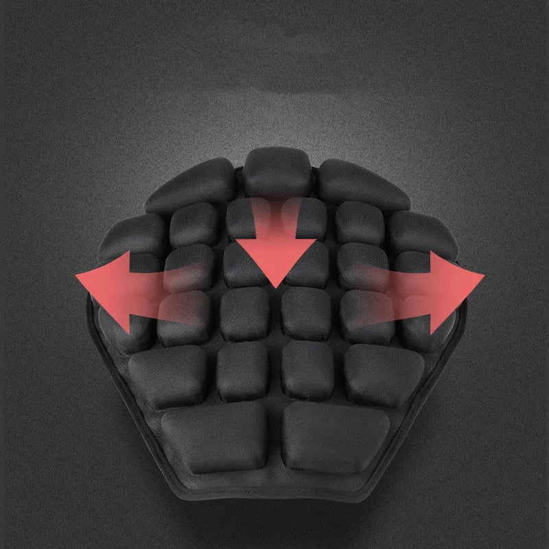 Jiusong Starry Black inflatable motorcycle seat cushion with 3D airbag, 355x385mm, shows PU leather and strap attachment