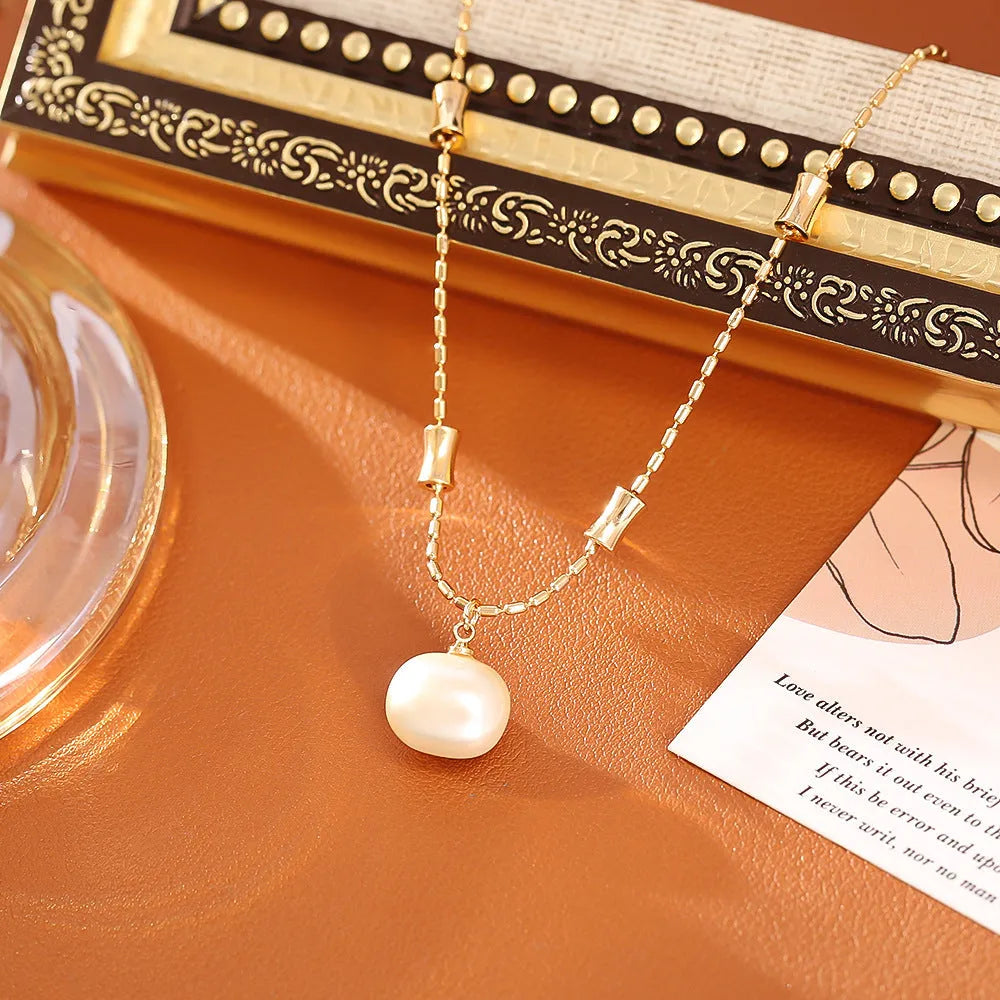 Cubic sugar pearl necklace and stud earrings set with real gold plating on copper, adjustable 41-50cm chain
